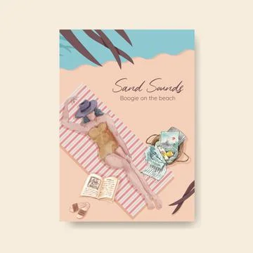 Poster template with beach vacation concept design for brochure watercolor il Stock Illustration