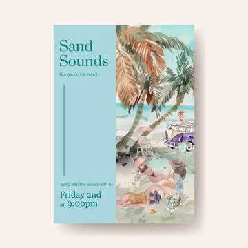Poster template with beach vacation concept design for brochure watercolor il Stock Illustration
