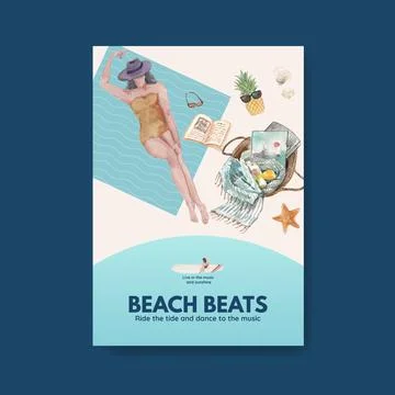 Poster template with beach vacation concept design for brochure watercolor il Stock Illustration