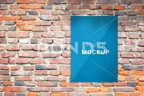 Poster template on brick wall. Advertising mockup with copy space beside PSD-Vorlage