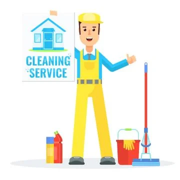 Poster template with cleaning man. Vector flat cartoon character. Illustrazione stock