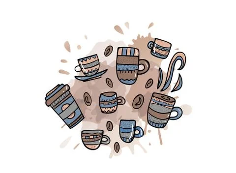 Poster template with coffee cups. Set of mugs with hot beverage in doodle sty Stock Illustration