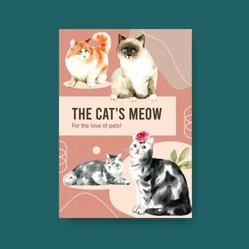 Poster template design with cute cat for brochure and advertise watercolor il Stock Illustration