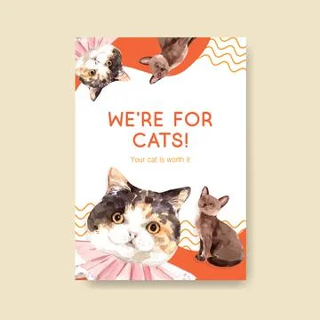 Poster template design with cute cat for brochure and advertise watercolor il Illustrazione stock