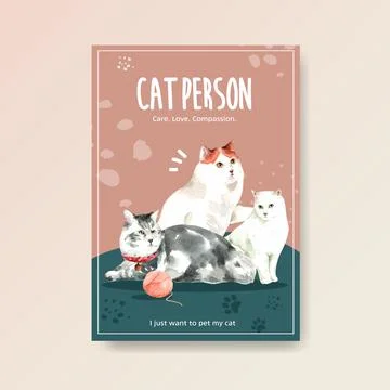 Poster template design with cute cat for brochure and advertise watercolor il Stock Illustration