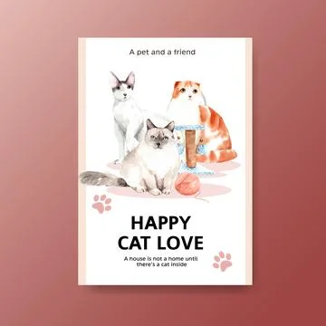 Poster template design with cute cat for brochure and advertise watercolor il Stock Illustration