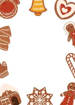Poster Template Festive border featuring various gingerbread cookies, inclu.. Иллюстрация