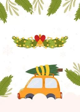 Poster Template Frame of a car carrying a Christmas tree, a garland with li.. Stock Illustration