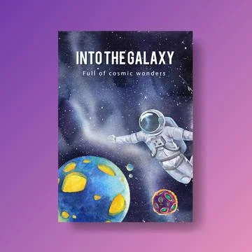 Poster template with galaxy concept design watercolor illustration Stock Illustration