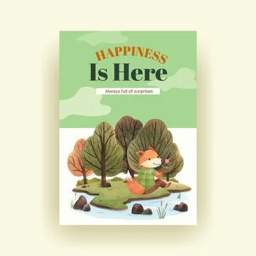 Poster template with happy animals concept design watercolor illustration Stock Illustration