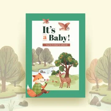 Poster template with happy animals concept design watercolor illustration Stock Illustration