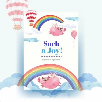 Poster template with happy animals concept design watercolor illustration Stock Illustration