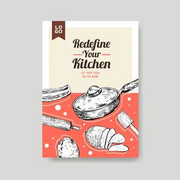 Poster template with kitchen appliances concept design for advertise vector i Stock Illustration