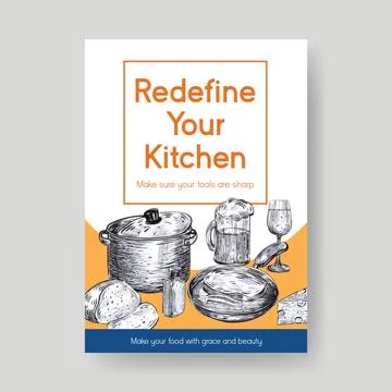 Poster template with kitchen appliances concept design for advertise vector i Stock Illustration