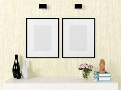 Poster template mock up on wall with decorative elements Stock Illustration
