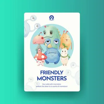 Poster template with monster concept design watercolor illustration Stock Illustration