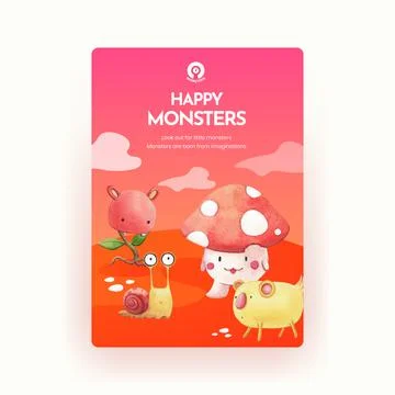 Poster template with monster concept design watercolor illustration Stock Illustration