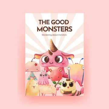 Poster template with monster concept design watercolor illustration Stock Illustration