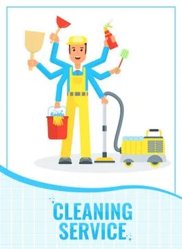 Poster template with multitasking cleaning man. Vector flat cartoon character. Illustrazione stock
