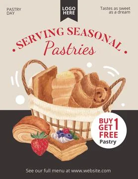 Poster template with pastry day concept, watercolor style Stock Illustration