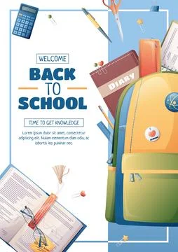 Poster template with school backpack, textbooks and stationery. Flyer desig.. Stock Illustration