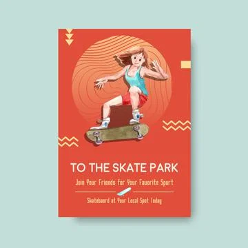Poster template with skateboard design concept for advertise and marketing wa Stock Illustration