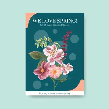 Poster template with spring bright concept design watercolor illustration Stock Illustration