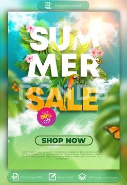 Poster template summer sale tropical palm flowers PSD Template