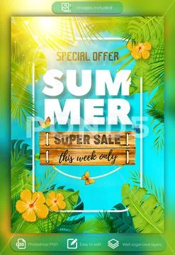 Poster template summer super sale tropical palm PSD Template