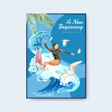 Poster template with surfboards at beach design for summer vacation tropical  Stock Illustration