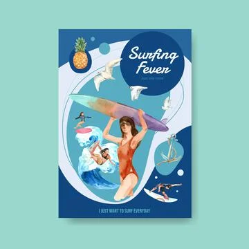Poster template with surfboards at beach design for summer vacation tropical  Stock Illustration