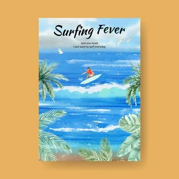 Poster template with surfboards at beach design for summer vacation tropical  Stock Illustration