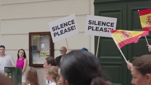 Poster with the text "Silence please!". Prague, Czech Republic - June 28, 2024 Stock Footage 278975961