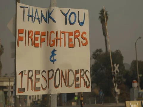 Poster thanking firefighters Thomas Fire Ventura CA Dec 2017 Stock Footage 83401736