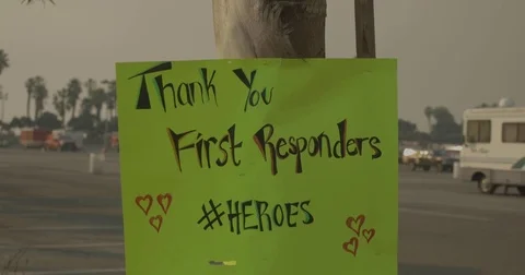 Poster thanking firefighters Thomas Fire Ventura CA Dec 2017 Stock Footage 83402009