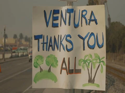 Poster thanking firefighters Thomas Fire Ventura CA Dec 2017 Stock Footage 83402405