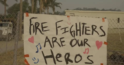 Poster thanking firefighters Thomas Fire Ventura CA Dec 2017 Video stock 83402677