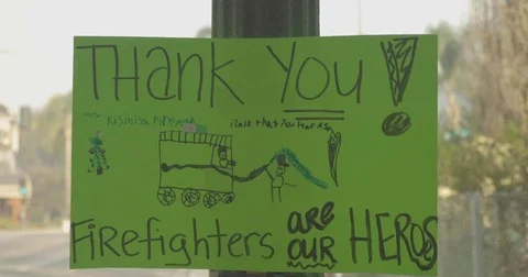 Poster thanking firefighters Thomas Fire Ventura CA Dec 2017 Stock Footage 83403006