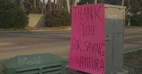 Poster thanking firefighters Thomas Fire Ventura CA Dec 2017 Stock Footage 83403015