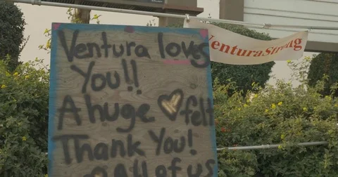 Poster thanking firefighters Thomas Fire Ventura CA Dec 2017 Stock Footage 83403680