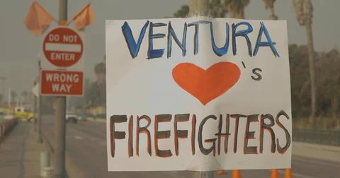 Poster thanking firefighters Thomas Fire Ventura CA Dec 2017 Stock Footage 83403744