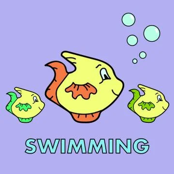 Poster with three yellow fish on a blue background and the words swimming. Stock Illustration