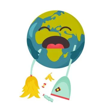 Poster of upset planet sweeping the garbage Stock Illustration