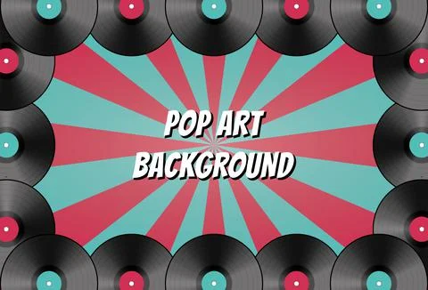 Poster of vinyl player record with red-turquoise rays and vinyl disks Stock Illustration