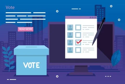 Poster of vote with computer and ballot box Stock Illustration