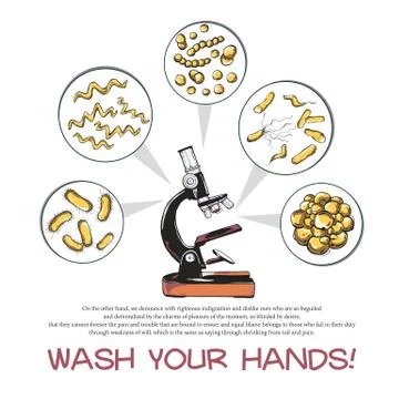 Poster wash your hands with microscope and different bacteria Illustrazione stock