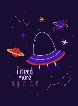 Poster witn funny UFO in flat style. Alien ship on the background of the st.. Stock Illustration