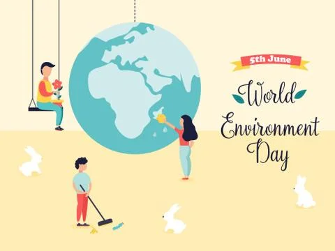 Poster World Environment Day with globe and people Stock Illustration