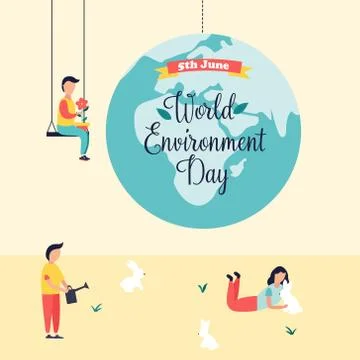Poster World Environment Day with globe and people Stock Illustration