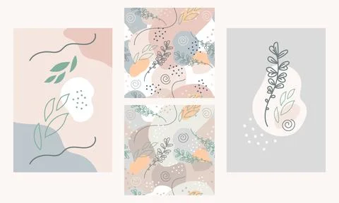 Posters and seamless pattern with abstract leaves and dots vector Stock Illustration
